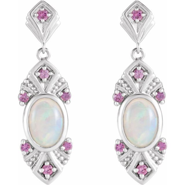 14K White Gold Oval 7 X 5 Mm Friction Backs Polished Natural Ethiopian Opal And Pink Sapphire Earrings