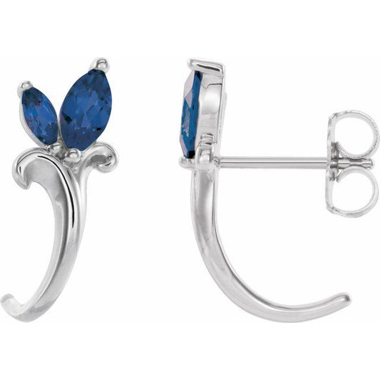 14K White Gold Marquise 6 X 3 Mm Friction Backs Polished Natural Blue Sapphire Floral-Inspired J-Hoop Earrings