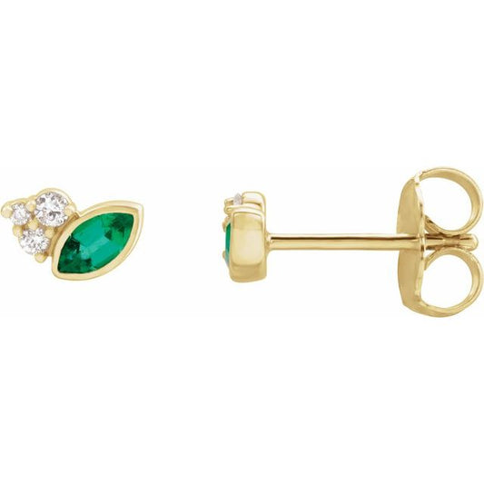 14K Yellow Gold Marquise 4 X 2 Mm Friction Back Polished Lab-Grown Emerald And .05 Ctw Natural Diamond Earrings
