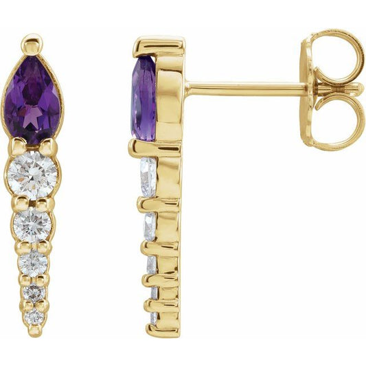 14K Yellow Gold Pear 5 X 3 Mm Friction Backs Polished Natural Amethyst And 1/4 Ctw Natural Diamond Earrings