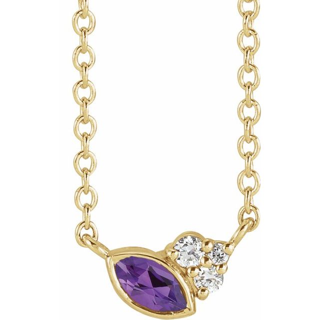 14K Yellow Gold Marquise 4 X 2Mm I1, G-H 16 In Polished Natural Amethyst And .03 Ctw Natural Diamond Necklace
