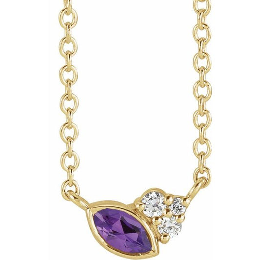 14K Yellow Gold Marquise 4 X 2Mm I1, G-H 16 In Polished Natural Amethyst And .03 Ctw Natural Diamond Necklace