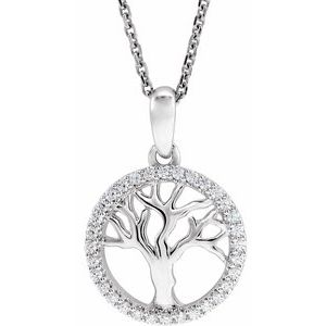 14K White Gold Round 1.05Mm H+ I1 Accented Tree Of Life Necklace, Length: 18 In
