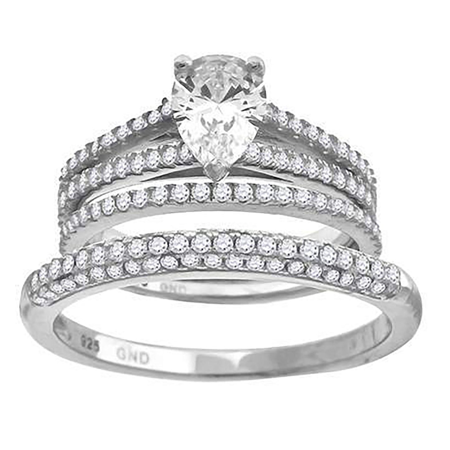 Sterling Silver Cubic Zirconia Pear Bridal Anniversary Engagement Wedding Trio Set Ring