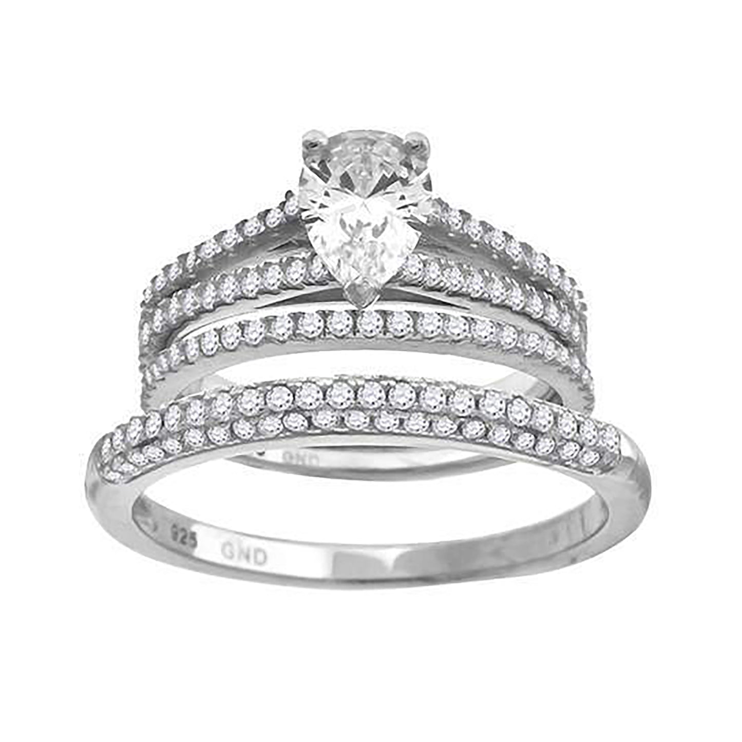 Sterling Silver Cubic Zirconia Pear Bridal Anniversary Engagement Wedding Trio Set Ring