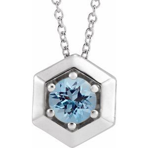 14K White Gold Round 5 Mm  Natural Aquamarine Solitaire Geometric Necklace, Length: 18 In