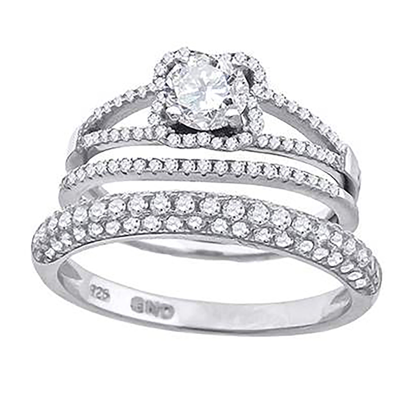 Sterling Silver Cubic Zirconia Floral Halo Bridal Anniversary Engagement Wedding Trio Set Ring