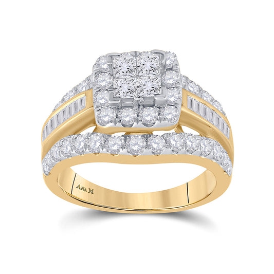 14K Yellow Gold Princess Diamond Cluster Bridal Wedding Engagement Ring 2 Cttw, Womens Size: 5-10
