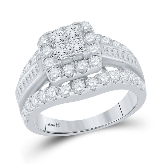 14K White Gold Princess Diamond Cluster Bridal Wedding Engagement Ring 2 Cttw, Womens Size: 5-10
