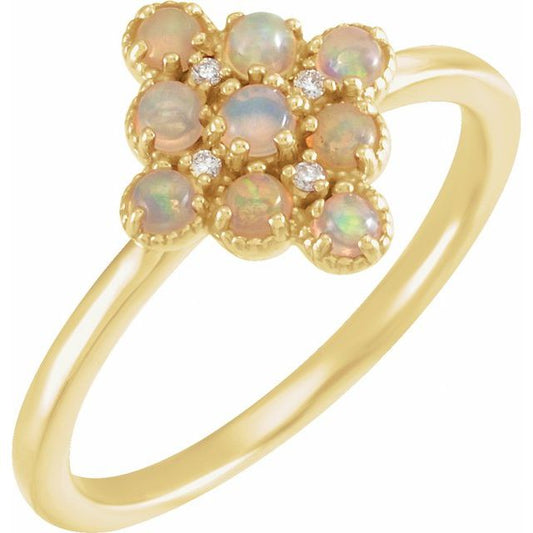 14K Yellow Gold Round 2.5 Mm Polished Natural Ethiopian Opal And .02 Ctw Natural Diamond Cluster Ring, Size 7
