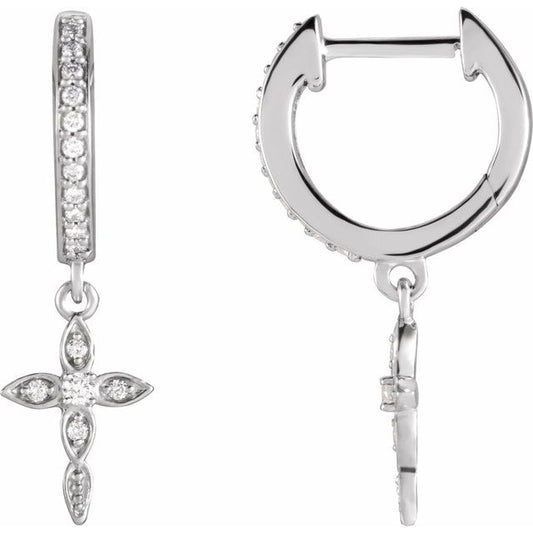 14K White Or Rose Gold 1.5 Mm Round Polished 1/8 Ctw Natural Diamond Cross Dangle Earrings
