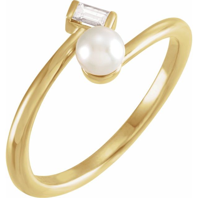 14K Yellow Or Rose Gold 4.5 Mm Polished Cultured White Akoya Pearl And 1/10 Ct Natural Diamond Bypass Ring, Size 7