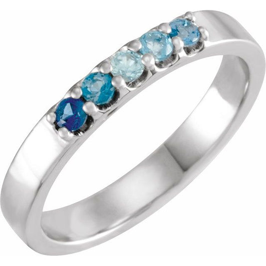 14K White Gold Round 2 Mm Polished Natural Blue Multi-Gemstone Ombre Midi Ring, Size 4