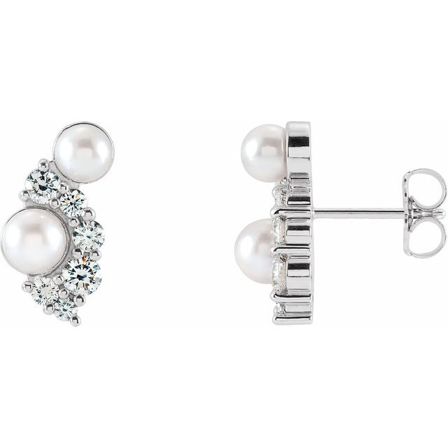 14K White Gold 4.0-4.5 Mm Friction Backs Polished Cultured White Akoya Pearl And 1/2 Ctw Natural Diamond Earrings