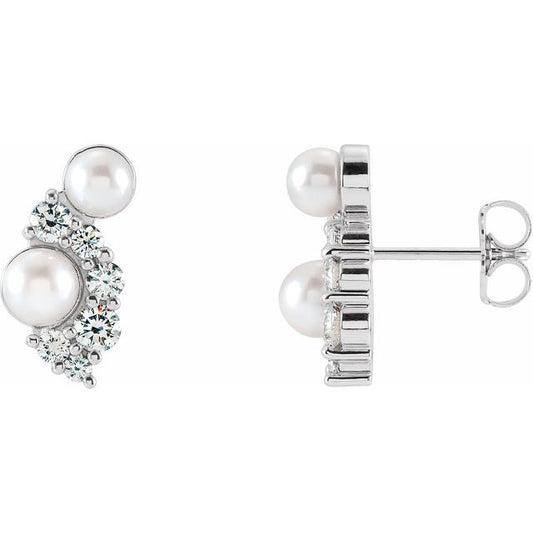14K White Gold 4.0-4.5 Mm Friction Backs Polished Cultured White Akoya Pearl And 1/2 Ctw Natural Diamond Earrings
