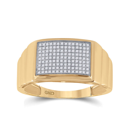 10K Yellow Gold Mens Round Diamond Ribbed Rectangle Cluster Ring 1/4 Cttw, Mens Size: 7-13