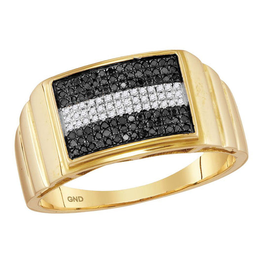 10K Yellow Gold Mens Round Black Color Enhanced Diamond Stripe Cluster Ring 1/4 Cttw, Mens Size: 7-13