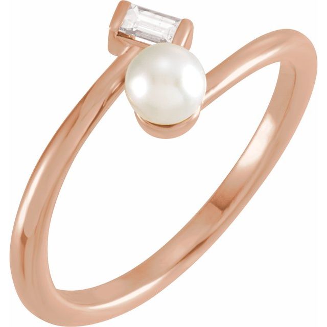 14K Yellow Or Rose Gold 4.5 Mm Polished Cultured White Akoya Pearl And 1/10 Ct Natural Diamond Bypass Ring, Size 7