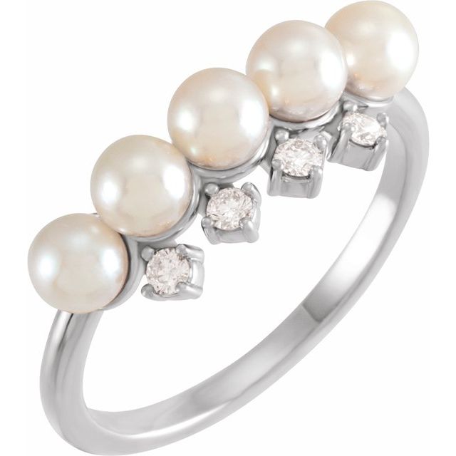 14K White Gold 4 Mm Polished Cultured White Akoya Pearl And 1/8 Ctw Natural Diamond Stackable Ring, Size 7