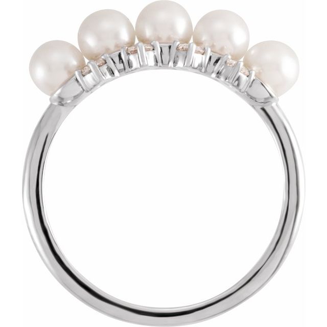 14K White Gold 4 Mm Polished Cultured White Akoya Pearl And 1/8 Ctw Natural Diamond Stackable Ring, Size 7