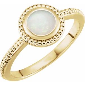 14K Yellow Gold Round 6 Mm Natural White Opal Cabochon Ring Size 7