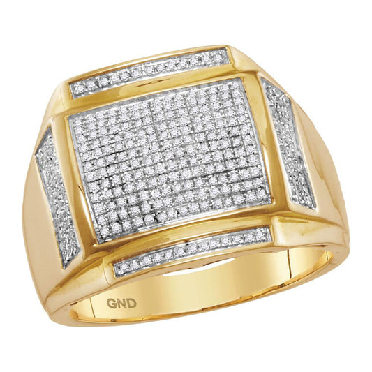 10K Yellow Gold Mens Round Pave-set Diamond Square Cluster Ring 1/2 Cttw, Mens Size: 7-13