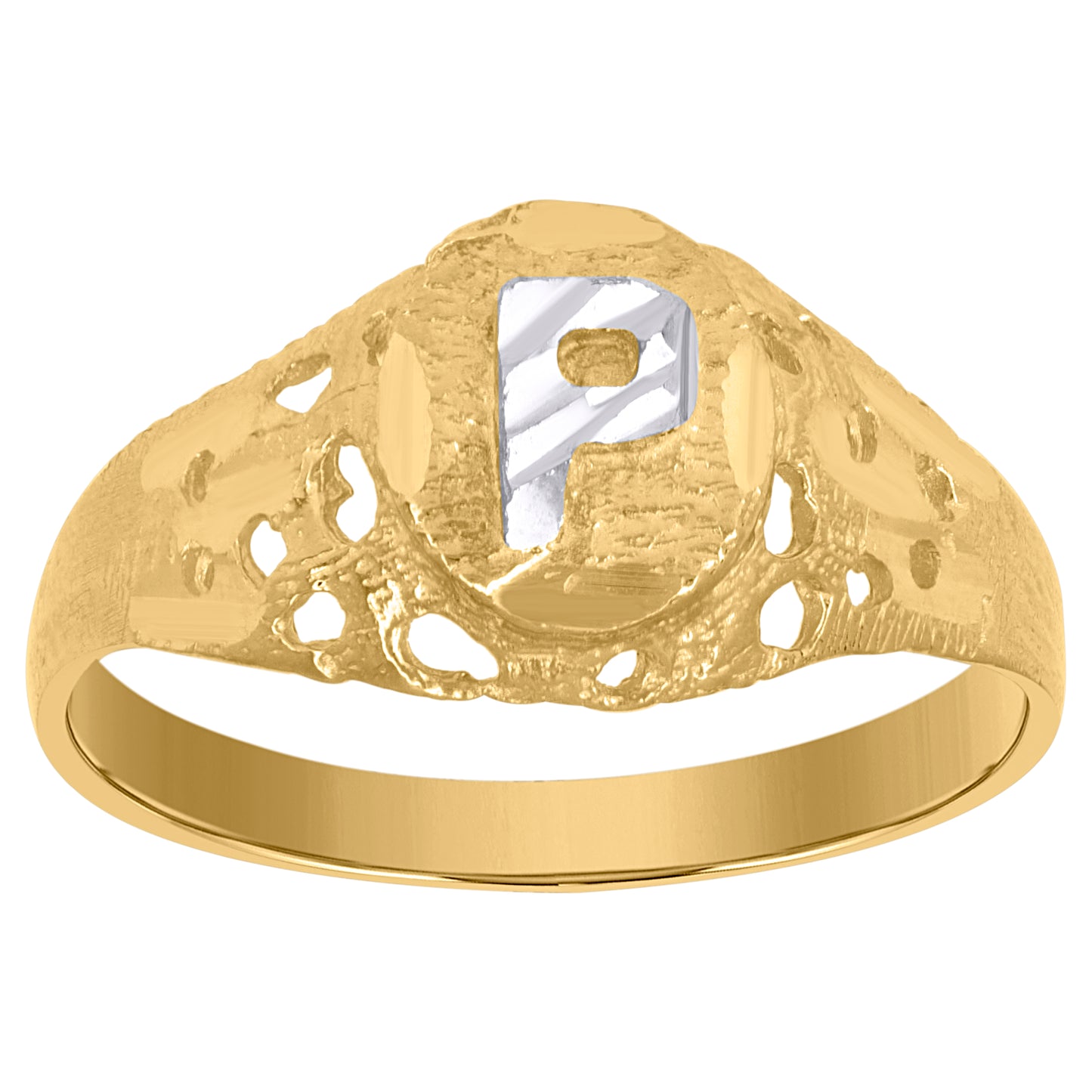 10K Two-Tone Gold Mens Diamond-Cut Textured Oval Initial Letter Band Ring