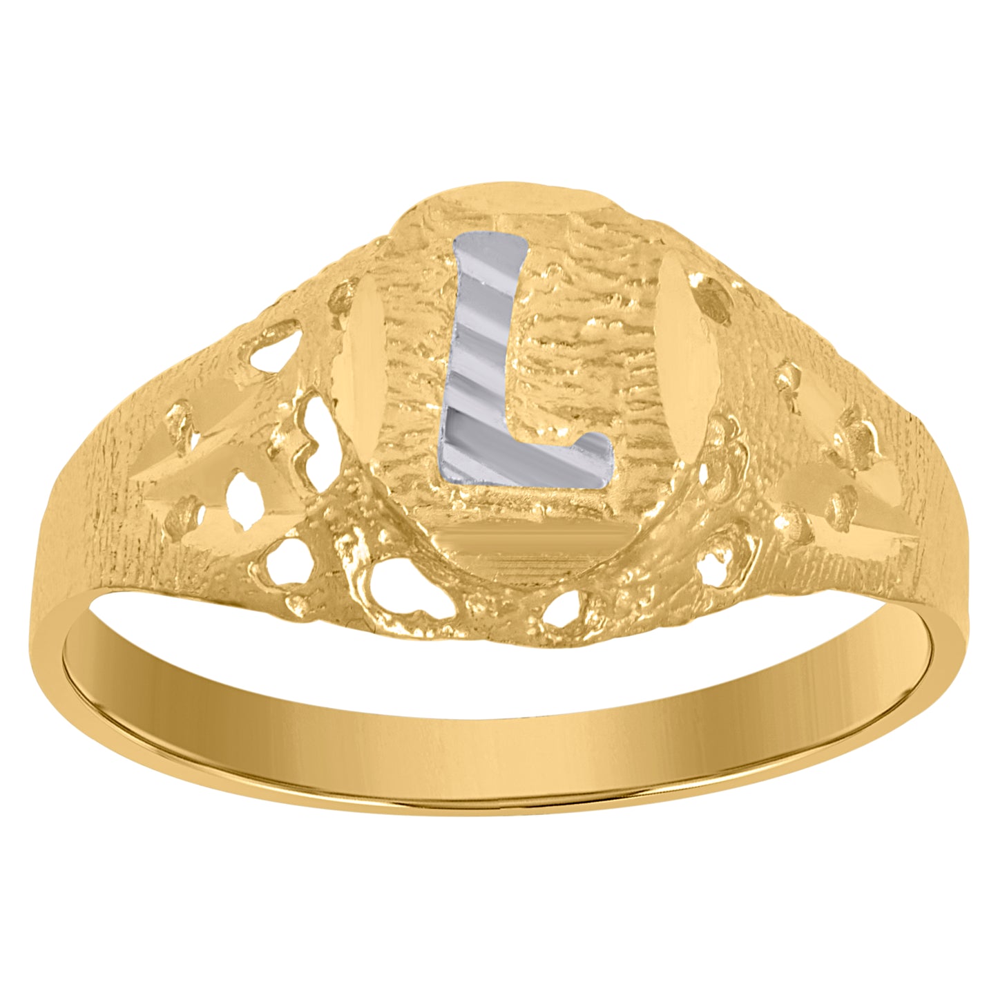 10K Two-Tone Gold Mens Diamond-Cut Textured Oval Initial Letter Band Ring