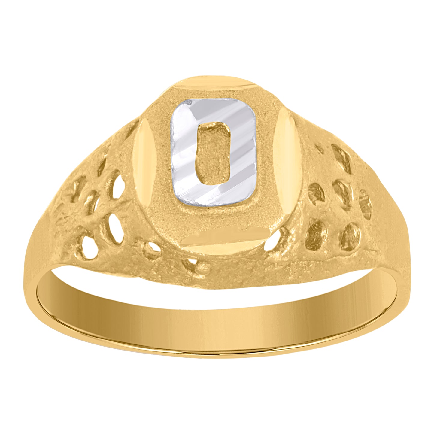 10K Two-Tone Gold Mens Diamond-Cut Textured Oval Initial Letter Band Ring