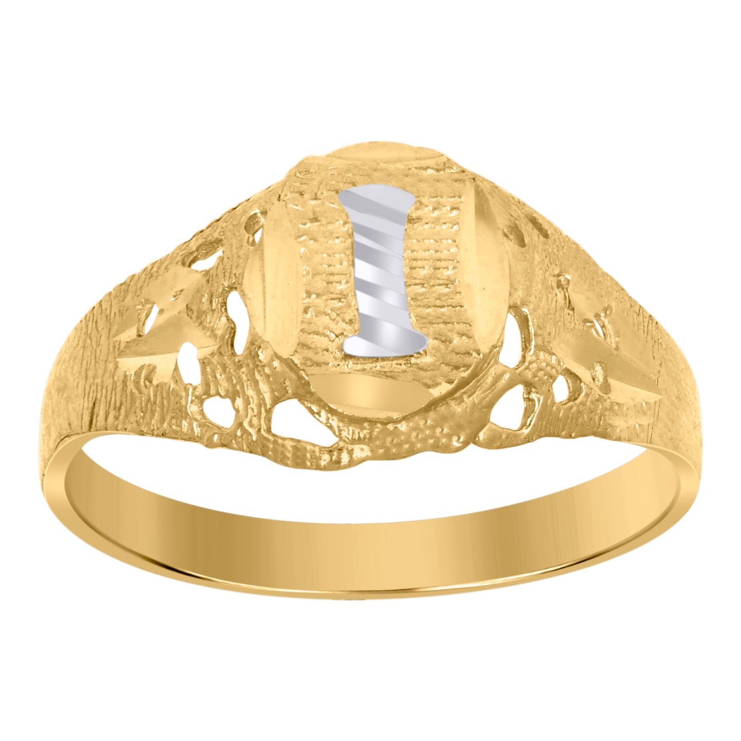 10K Two-Tone Gold Mens Diamond-Cut Textured Oval Initial Letter Band Ring