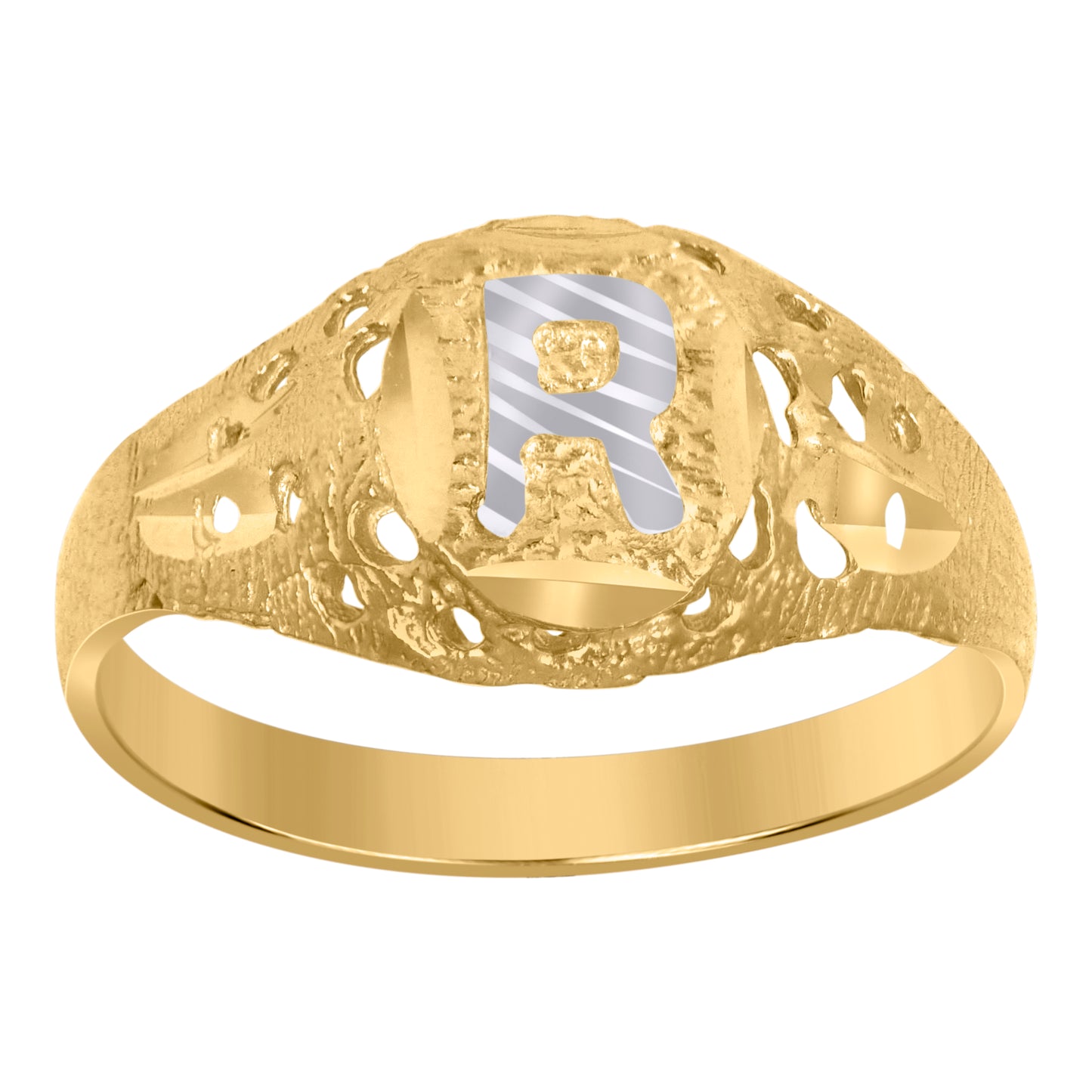 10K Two-Tone Gold Mens Diamond-Cut Textured Oval Initial Letter Band Ring