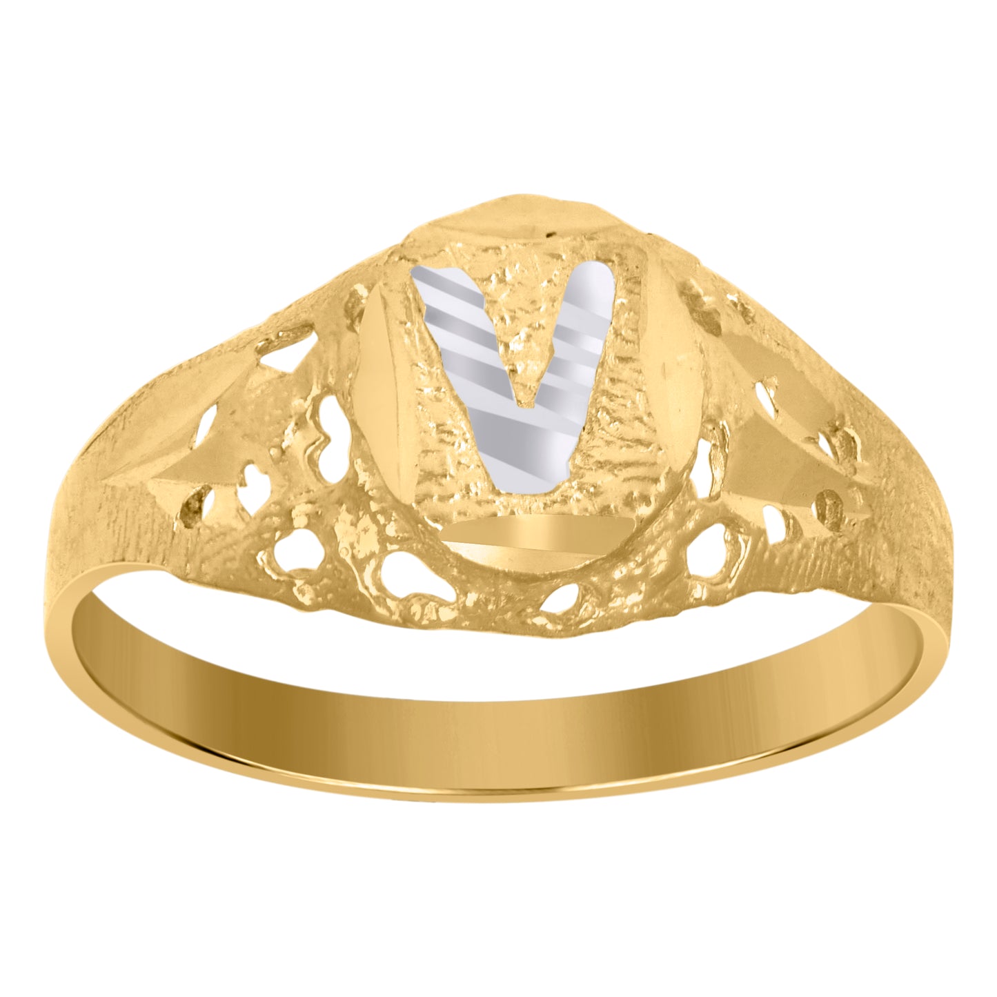 10K Two-Tone Gold Mens Diamond-Cut Textured Oval Initial Letter Band Ring