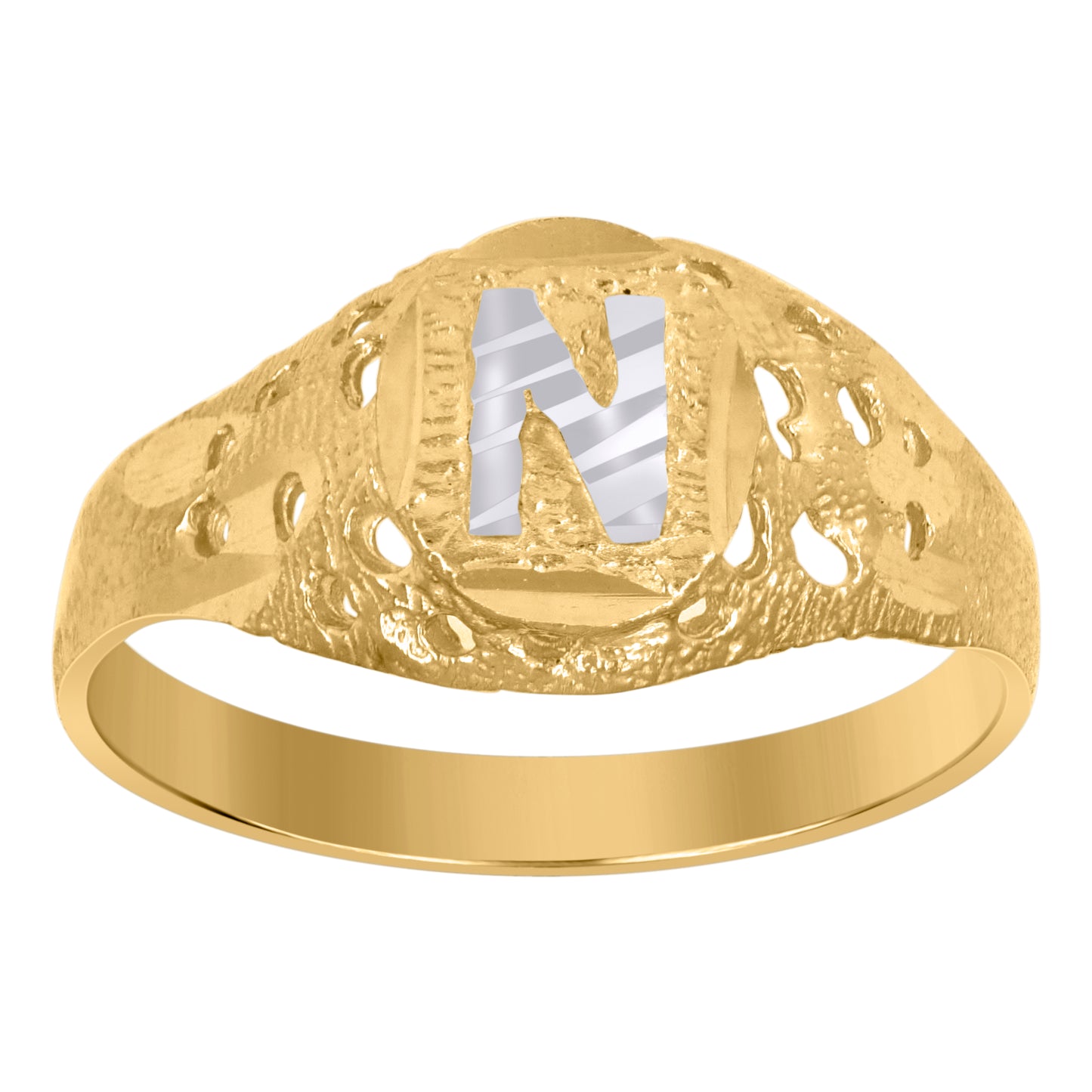 10K Two-Tone Gold Mens Diamond-Cut Textured Oval Initial Letter Band Ring