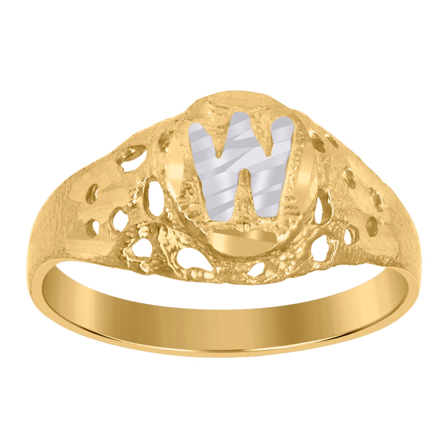 10K Two-Tone Gold Mens Diamond-Cut Textured Oval Initial Letter Band Ring