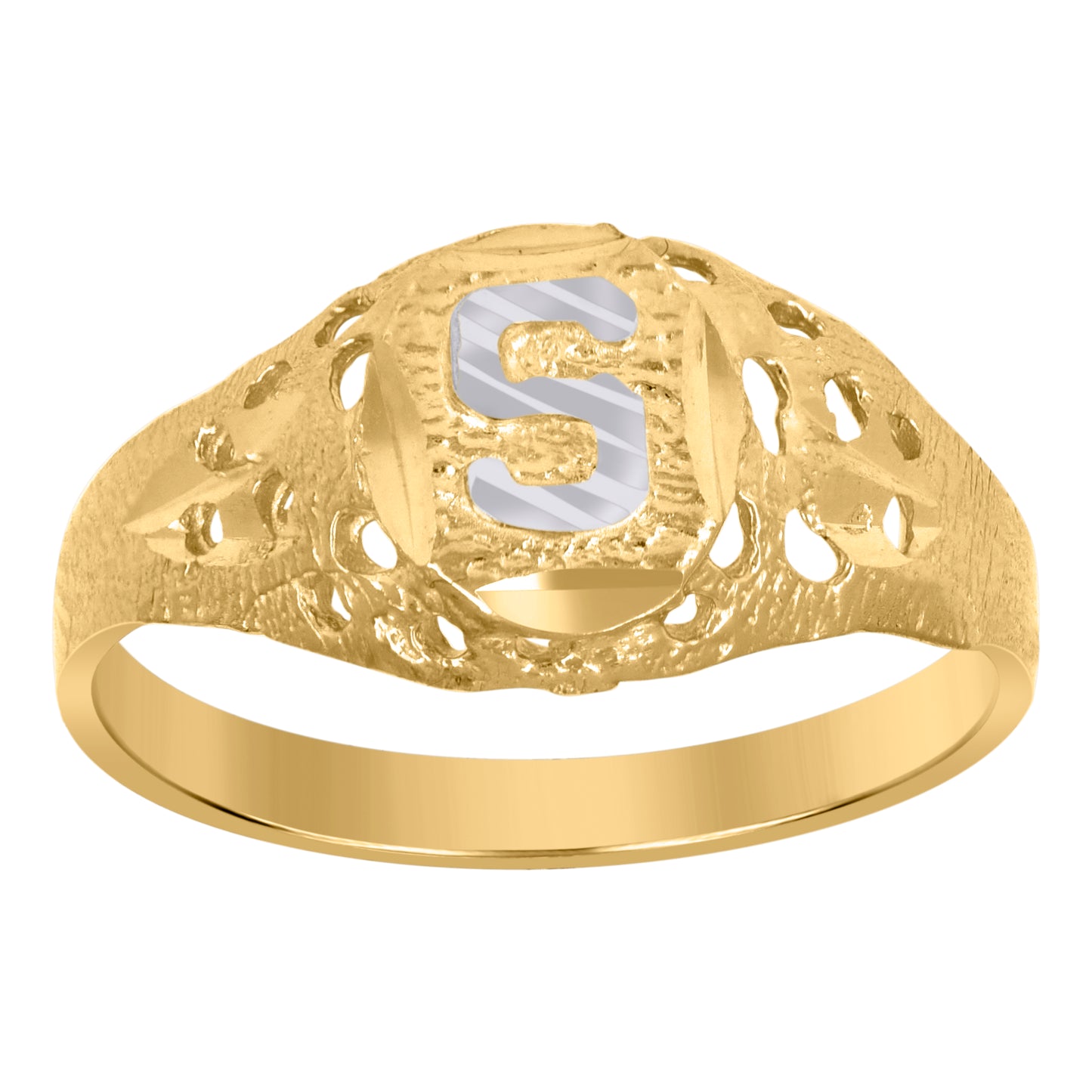 10K Two-Tone Gold Mens Diamond-Cut Textured Oval Initial Letter Band Ring
