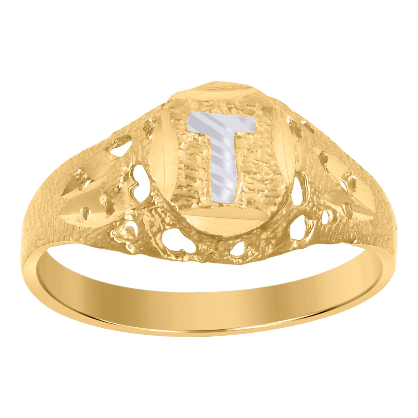 10K Two-Tone Gold Mens Diamond-Cut Textured Oval Initial Letter Band Ring