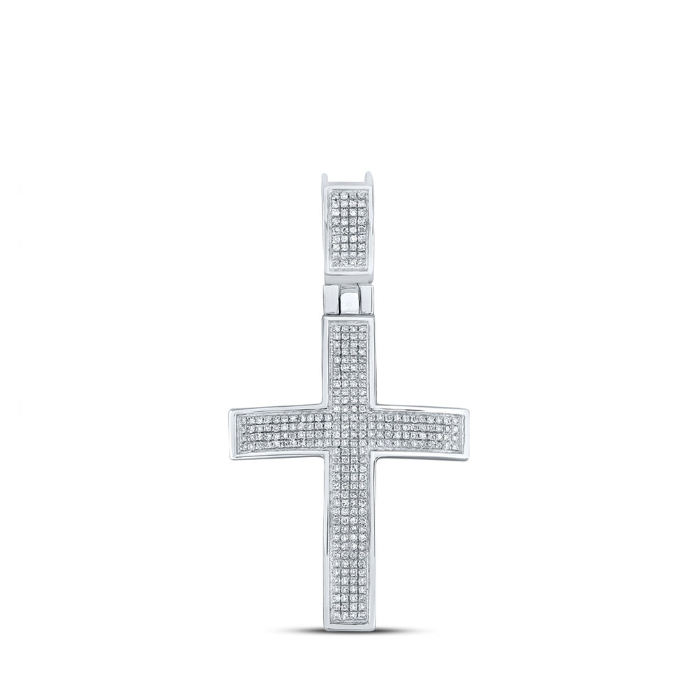 10K White Gold Mens Round Diamond Cross Charm Pendant 1/2 Cttw