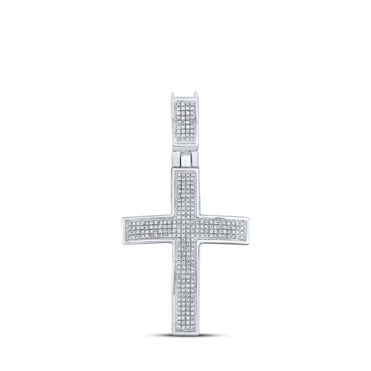 10K White Gold Mens Round Diamond Cross Charm Pendant 1/2 Cttw