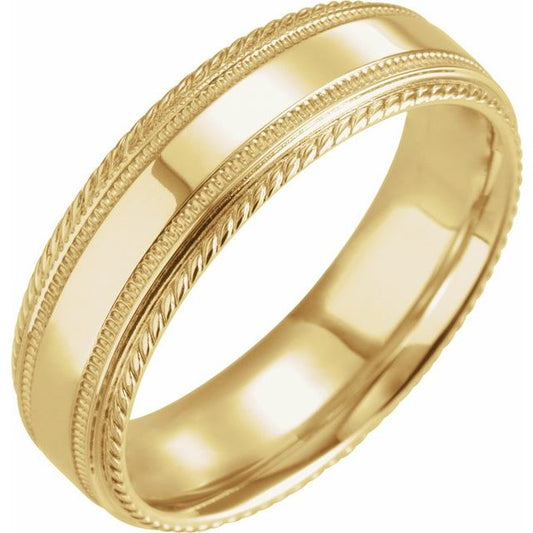 14K Yellow Gold 6 Mm Polished Milgrain Rope Stepped Edge Comfort-Fit Band, Size 9
