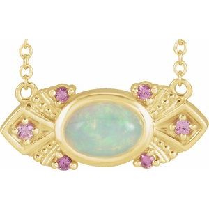 14K Yellow Gold Oval 7 X 5 Mm  Natural Ethiopian Opal And Pink Sapphire Necklace, Length: 18 In
