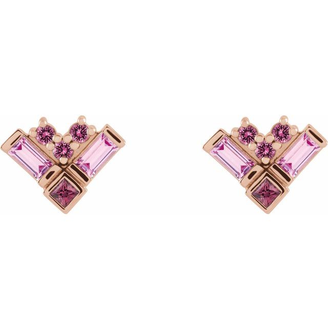 14K Rose Gold Pair Friction Back Polished Pink Multi-Gemstone Cluster Earrings
