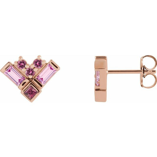 14K Rose Gold Pair Friction Back Polished Pink Multi-Gemstone Cluster Earrings