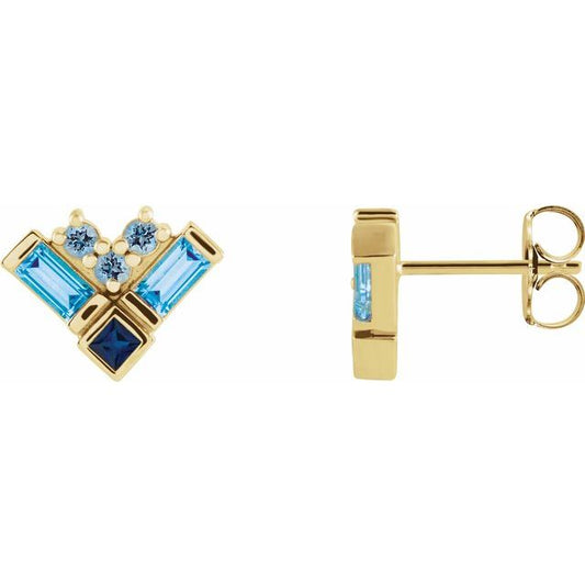 14K Yellow Gold Pair Friction Back Polished Natural Blue Multi-Gemstone Cluster Earrings