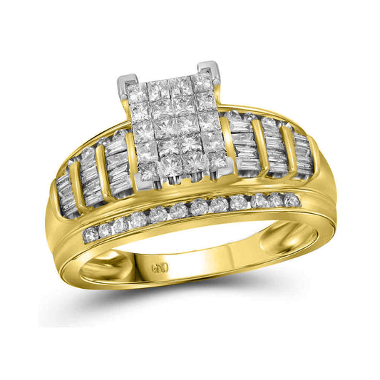 10K Yellow Gold Princess Diamond Cluster Bridal Wedding Engagement Ring 1 Cttw, Womens Size: 5-10