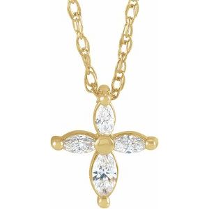 14K Yellow Gold 9.6 X 8.5 Mm 18 In Polished Marquise 1/6 Ctw Natural Diamond Cross Necklace