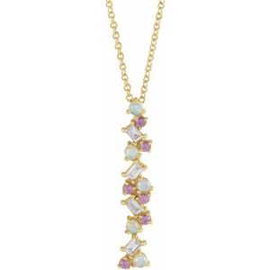 14K Yellow Gold Natural Ethiopian Opals, Natural Pink Sapphires & 1/8 CTW Natural Diamond Scattered Bar 16-18" Necklace