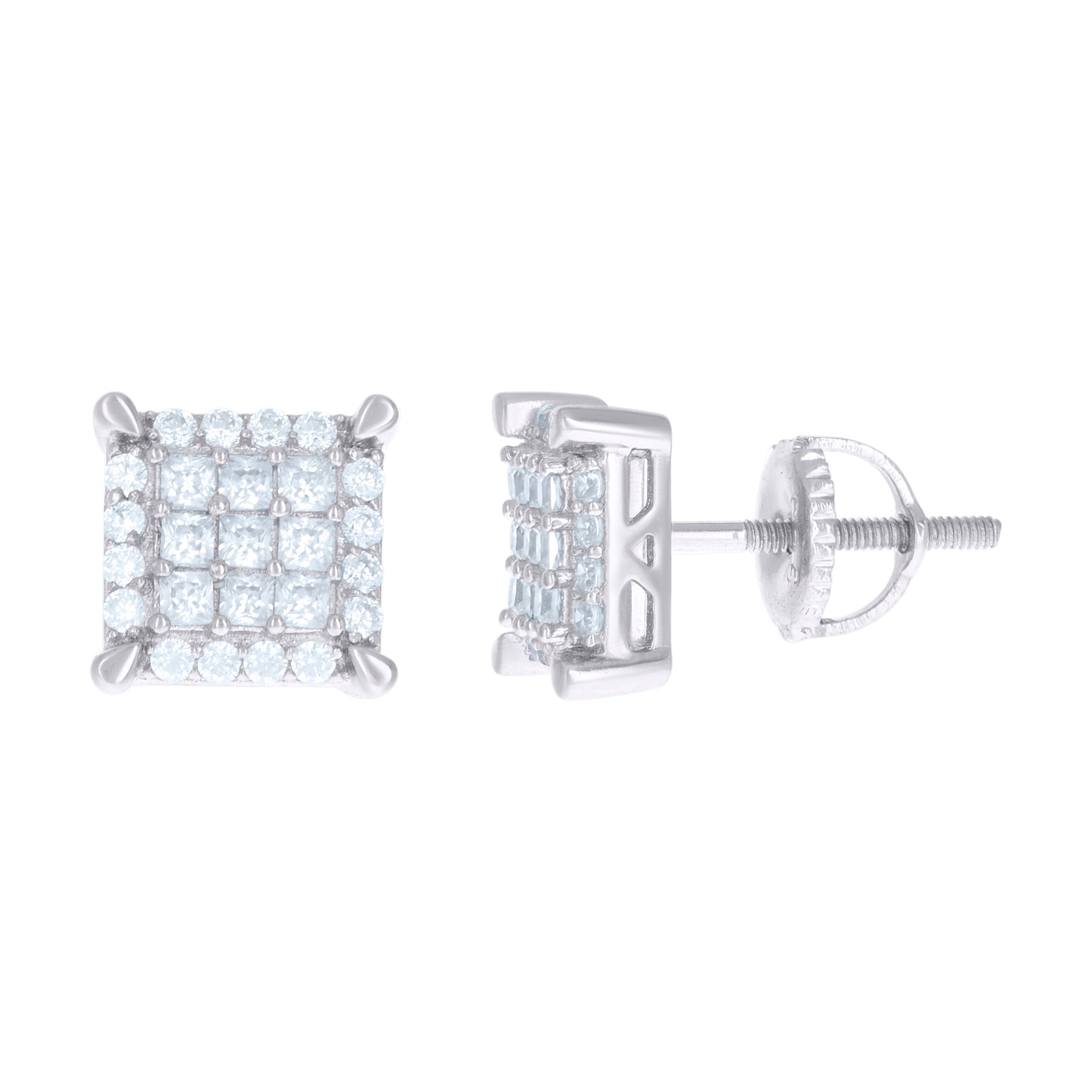 Sterling Silver Or Yellow-Tone Mens Princess Cubic Zirconia Square Stud Earrings