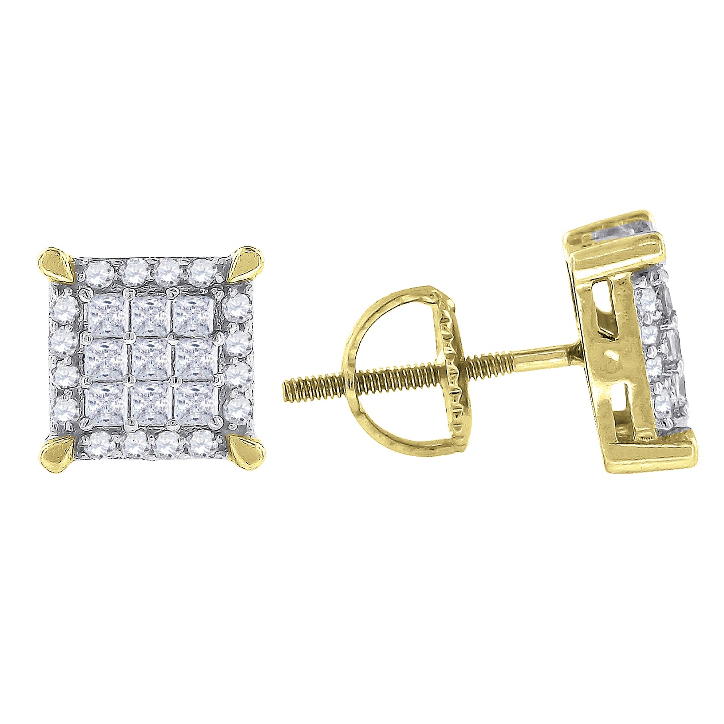 Sterling Silver Or Yellow-Tone Mens Princess Cubic Zirconia Square Stud Earrings