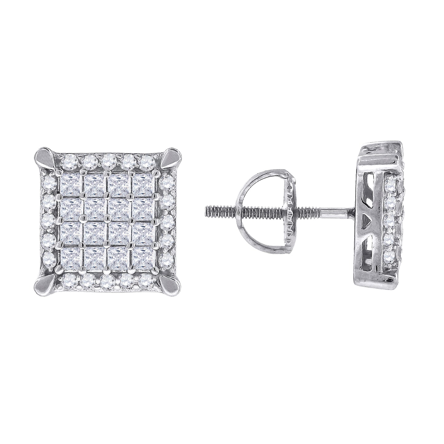 Sterling Silver Or Yellow-Tone Mens Princess Cubic Zirconia Square Stud Earrings