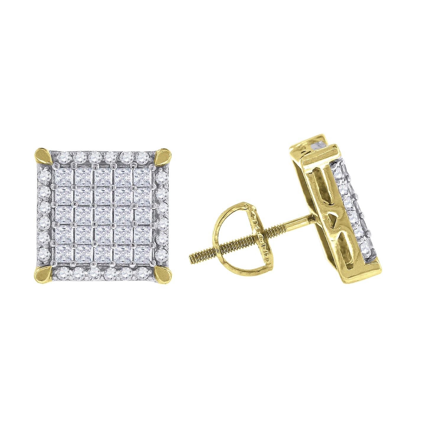 Sterling Silver Or Yellow-Tone Mens Princess Cubic Zirconia Square Stud Earrings